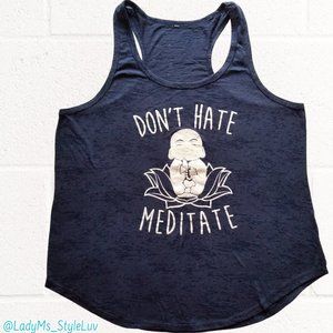 Don't Hate Meditate Burnout Buddha Racer-Back Tank Top Navy Blue Large EUC
